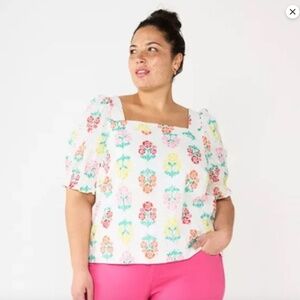 Draper James RSVP Floral Print Eyelet Puff Sleeve Top, Size 3X